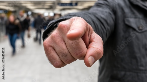 A person points directly at the camera in a busy outdoor setting with blurred crowd background