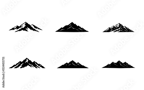 Mountain Silhouette Vector Set – Nature Landscape Collection, Outdoor Adventure Scene, Black Peak Outline Clipart