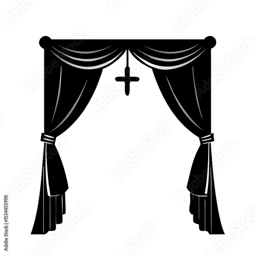 Funeral Curtain Silhouette Icon – Mourning Drape with Cross Symbol, Religious Ceremony Vector, Memorial Stage Decoration Clipart, Black and White Grief Drapery Christian Funeral Graphic