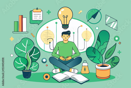 Isometric Creative Meditation, Person Generating Ideas with Bulb and Plants, Green Color Scheme, Corporate Innovation, Project Ideation, Vector Illustration of Business Creativity.