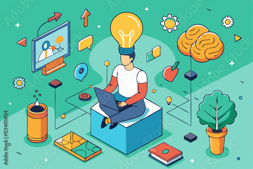 Creative work concept, person with light bulb head using laptop, surrounded by brain, apple, monitor, and other innovation symbols, vector illustration of idea generation.