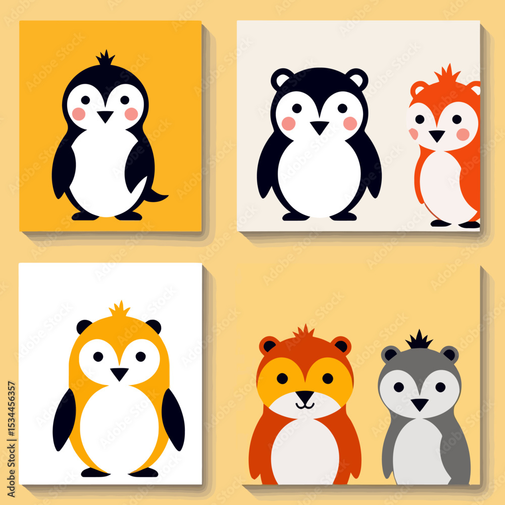 Obraz premium Cute Cartoon Animals - Penguin & Squirrel Designs - Colorful Childrens Illustration - Nursery Art Prints- Playful Wall Decor for Kids Rooms