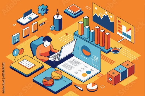 Office data analysis concept, person working on laptop with surrounding office supplies and charts, corporate task, business workflow, office efficiency, vector illustration of professional analytics.