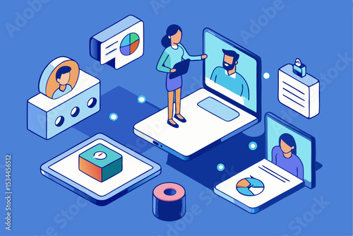 Remote collaboration concept, person conducting video conference in blue environment with electronic devices and charts, professional communication, digital meeting, corporate project