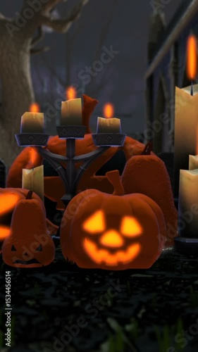 vertical video of pumpkins and candles in a cemetery at night. Halloween background. Zoom in.