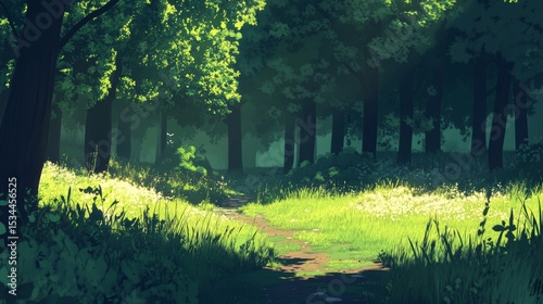 Pathway Through a Lush Green Forest With Sunlight Filtering Through the Trees During the Late Afternoon