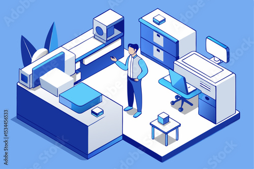 Office scene management concept, person in blue - white office environment with surrounding devices, professional workspace, digital operation, corporate management, vector illustration