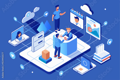 Digital office collaboration concept, people working around service desk with electronic devices, clouds, and connected symbols, vector illustration of online teamwork.