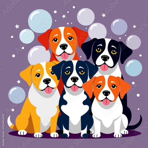 Cute Cartoon Dogs Illustration - Five Adorable Puppies with Bubbles and Stars - Colorful and Playful Pet Graphics for Dog Lovers and Kids Art Projects