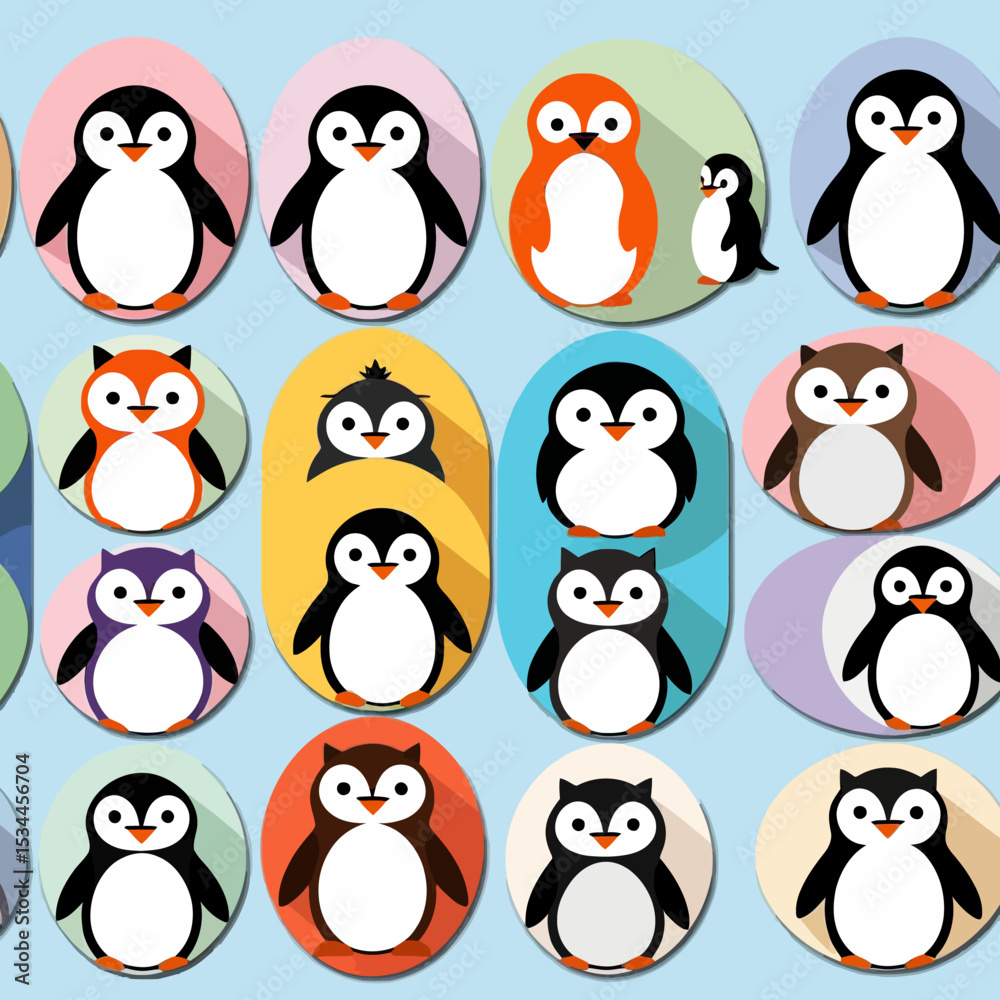 Naklejka premium Cute Cartoon Penguin Pattern - Colorful Background with Penguin Illustrations - Fun and Playful Penguin Designs for Kids and Adults - Penguin Art Print