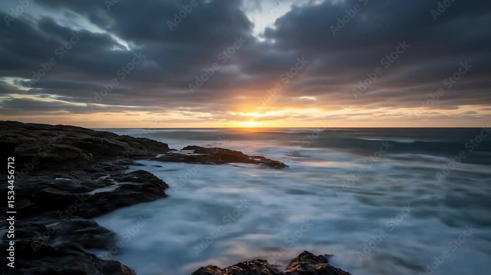 Waves Crashing on Rocky Shoreline at Sunrise Time Lapse Waves Crashing on Rocky Shoreline at Sunrise Time Lapse