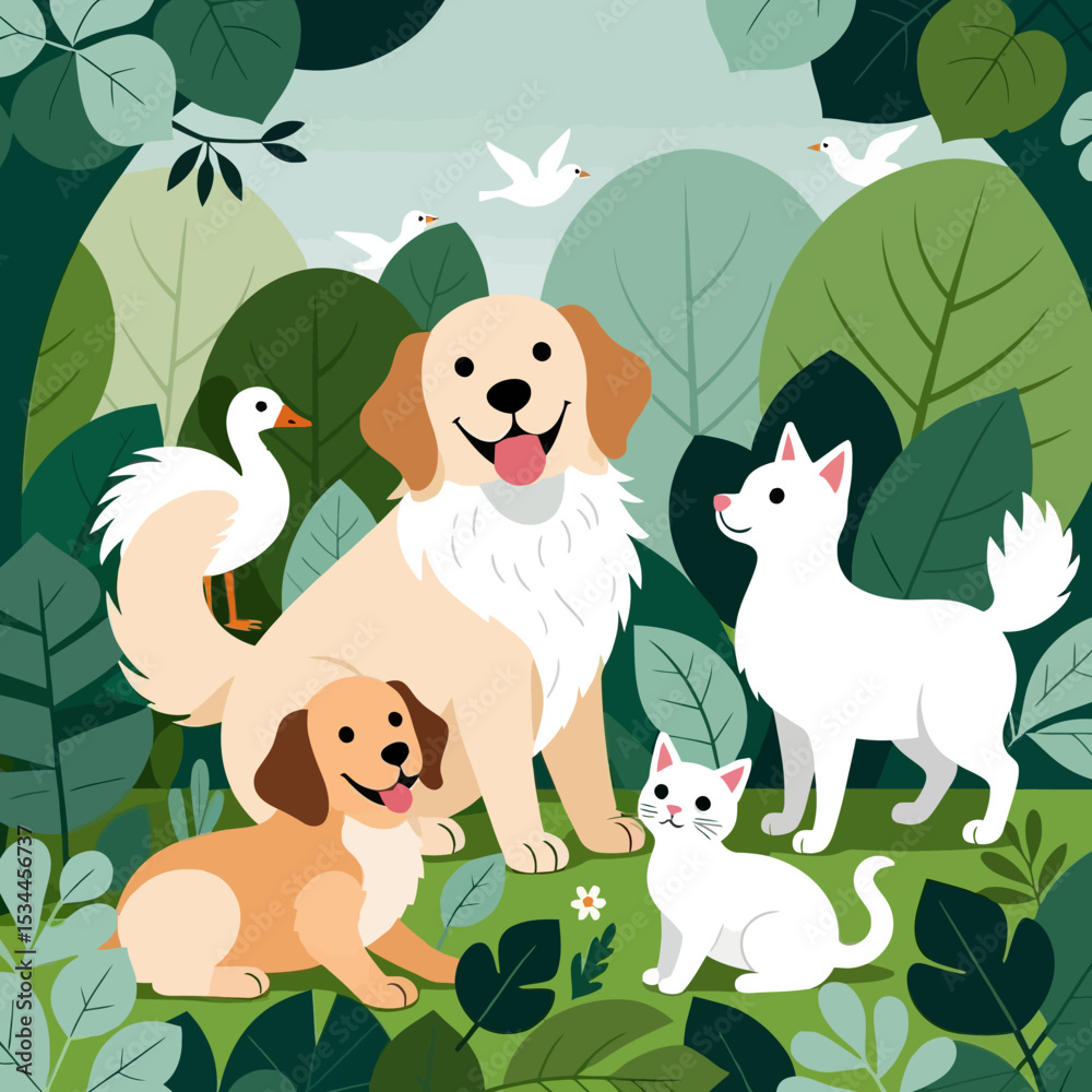 Naklejka premium Cute Cartoon Pets in a Forest Illustration- Happy Dogs- Playful Cat- Adorable Birds- Whimsical Animal Art for Kids- Nature Scene with Friendly Creatures