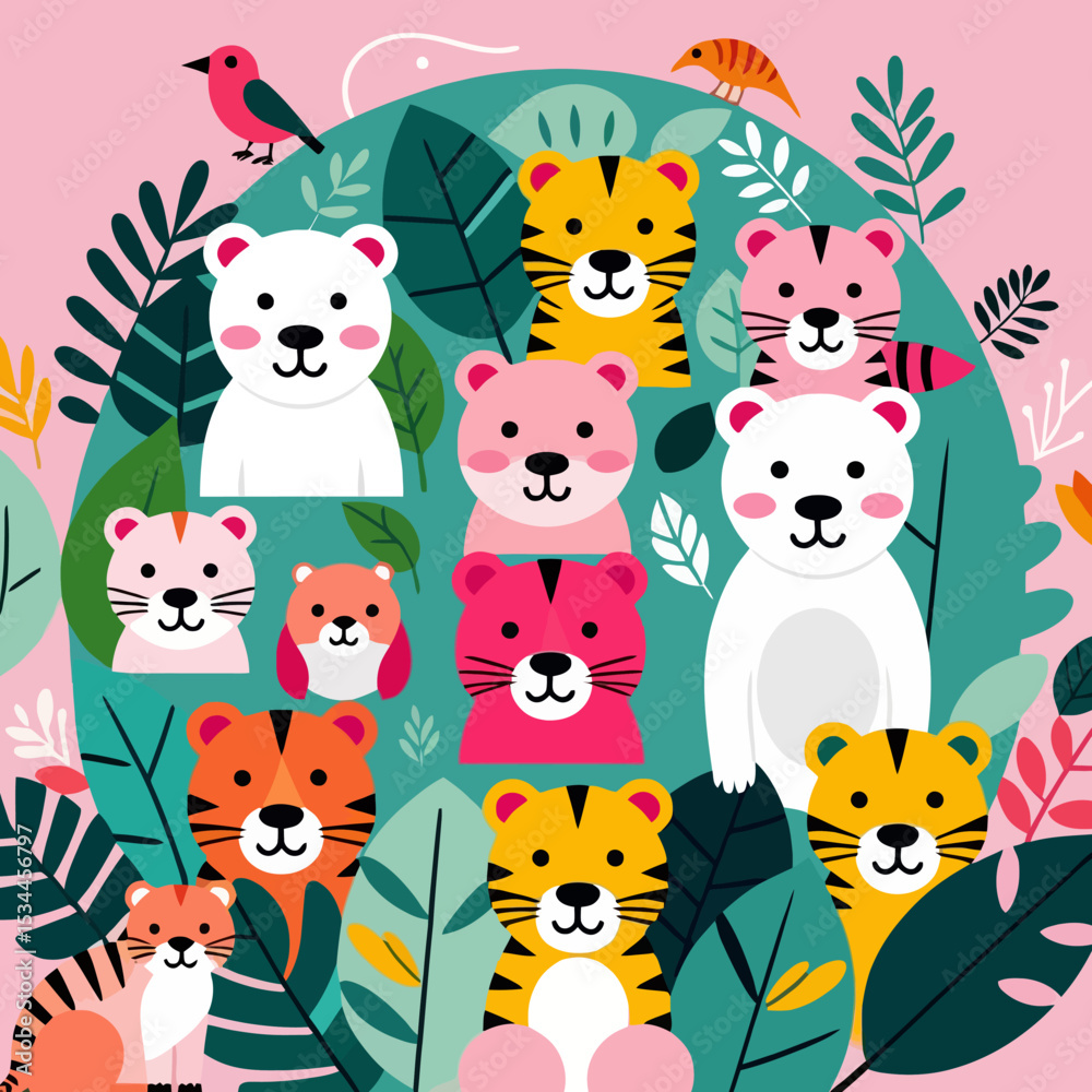Fototapeta premium Cute Cartoon Tigers & Bears in Jungle Foliage- Playful Animal Illustration for Kids- Colorful Wildlife Art with Tropical Plants- Perfect for Nursery Decor