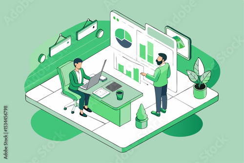 Office data analysis collaboration concept, people working in green office with charts, plants, and analytical elements, vector illustration of data teamwork.