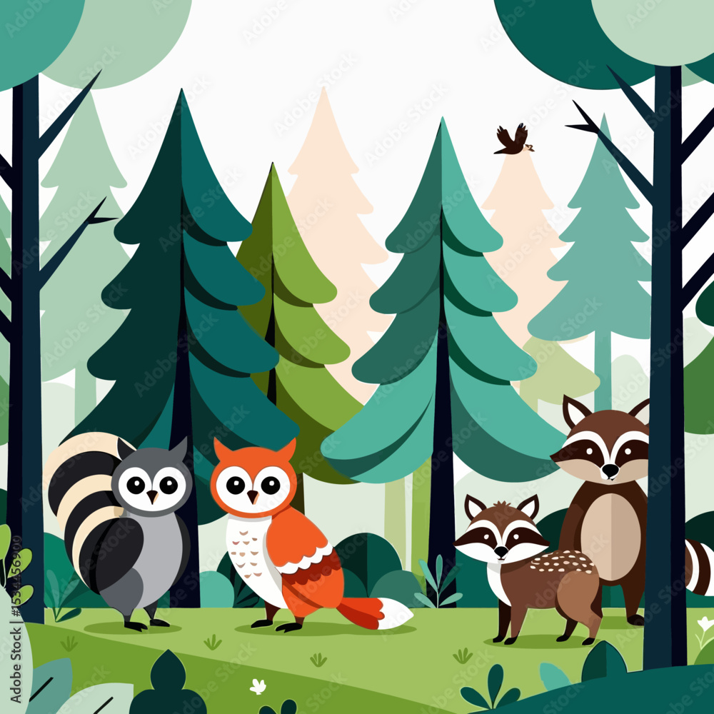 Fototapeta premium Cute Forest Animals Illustration - Owls and Raccoons in a Cartoon Forest Scene - Whimsical Wildlife Art for Children - Nature Inspired Vector Design