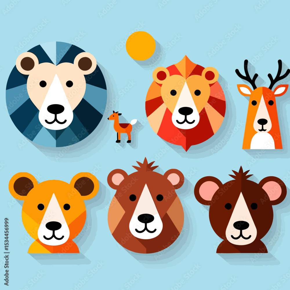 Obraz premium Cute Geometric Animals Illustration-Lion Bear and Deer Cartoon Art-Modern Animal Graphic Design-Colorful Children's Animal Icons-Creative Flat Animal Design