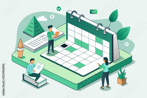 Task management meeting, team working with calendar and documents, office collaboration or project planning concept, vector illustration of professional cooperation.