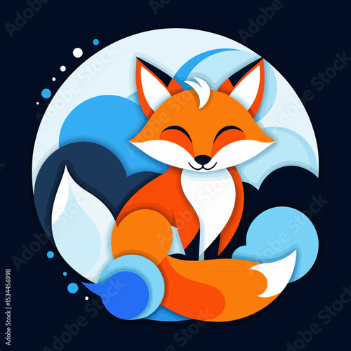 Cute Fox Illustration- Orange and White Fox Design- Whimsical Animal Art- Layered Paper Cut Style- Cartoon Fox Image- Blue Background- Playful Fox Artwork
