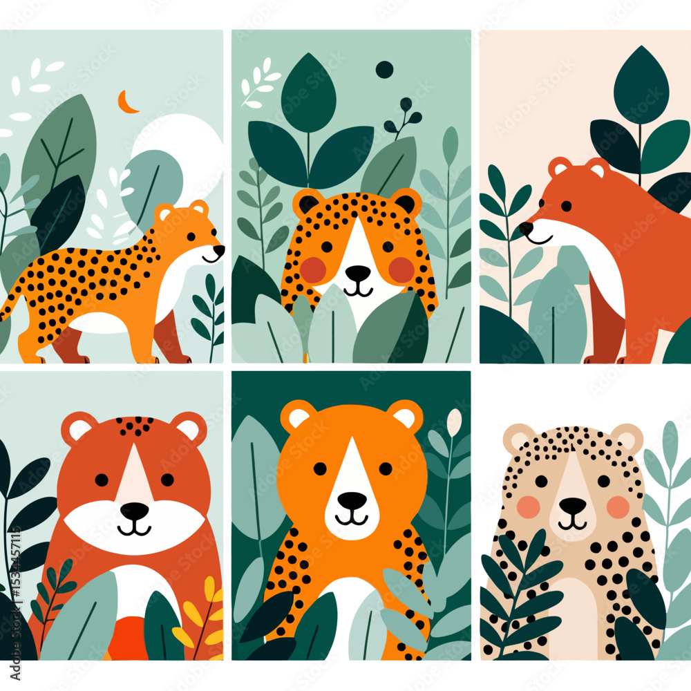 Naklejka premium Cute Jungle Animals- Cartoon Tigers and Bears in Nature- Playful Animal Art for Kids- Nursery Decor- Whimsical Wildlife Illustrations