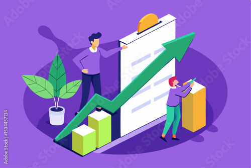 Business growth analysis, people working with rising graph and checklist, financial success or market increase concept, vector illustration of economic progress.