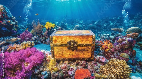 Sunlit underwater scene with a treasure chest resting on a vibrant coral reef.