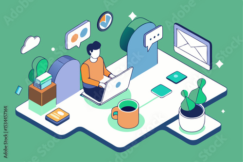 Remote work setup, man working with laptop in office space, digital communication or online project concept, vector illustration of modern work style.