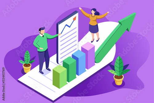 Economic progress analysis, people working with rising graph and bar chart, financial growth or market success concept, vector illustration of business development.