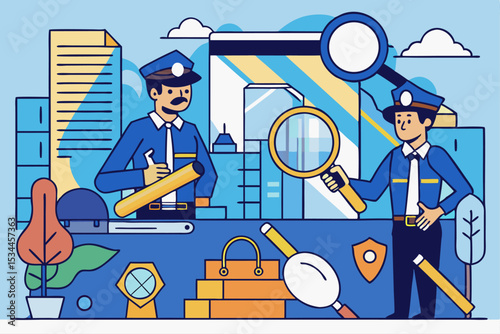 Urban investigation, police working with magnifiers and tools, crime research or security check concept, vector illustration of law enforcement.