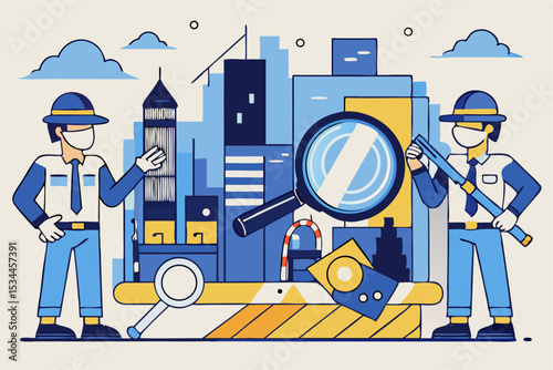 Urban safety check, masked workers with magnifiers and tools, city inspection or security concept, vector illustration of protective investigation.