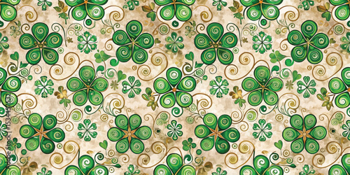 Vibrant green floral pattern with whimsical shamrocks and swirls.