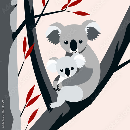 Cute Koala Family in Tree-Adorable Mother and Baby Koalas Hugging-Australian Wildlife Illustration-Koala Bear Art for Kids-Nature Themed Artwork
