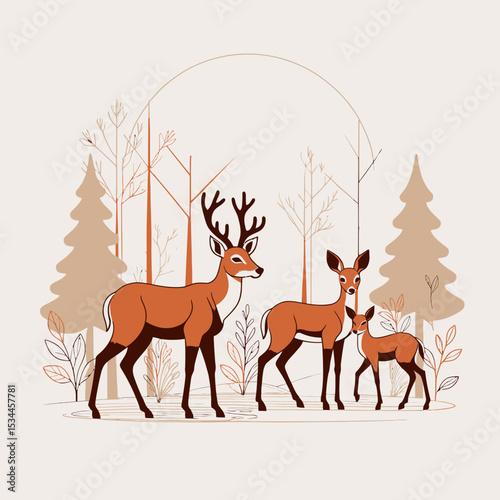 Deer Family in Forest Illustration-Cute Fawn with Parents-Wildlife Art Print-Nature Inspired Decor-Minimalist Woodland Design-Animal Family Graphic