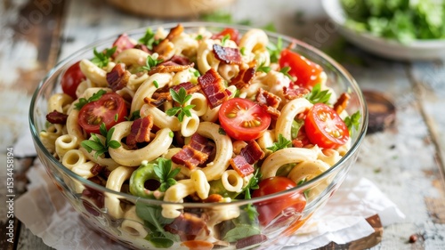 A dish of Italian cuisine. Pasta salad with cherry tomatoes, bacon slices and cream sauce. The salad is garnished with freshly chopped parsley and a few pieces of bacon.