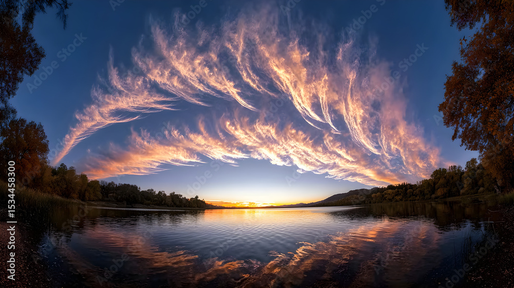 Fototapeta premium Dramatic sunset over calm lake with fiery cirrus cloud formations.