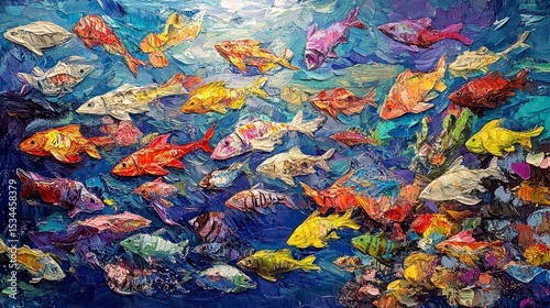 Vibrant oil painting of colorful fish swimming in a deep blue ocean.