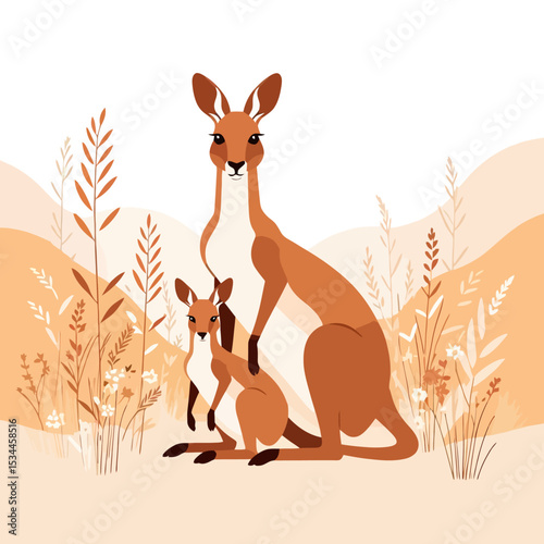 Mama Kangaroo and Joey Illustration-Cute Australian Wildlife Art-Animal Family Graphic-Kangaroos in the Bush-Adorable Baby Animal Image-Warm Colors of the Outback