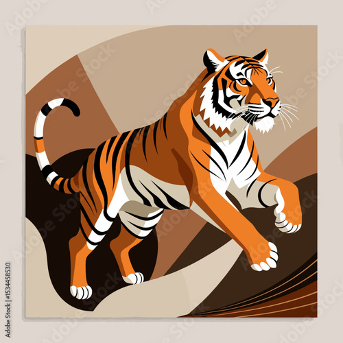 Majestic Tiger Illustration- Bold Orange & Black Stripes- Modern Art Print of Wildlife for Home Decor- Powerful Animal Design on Abstract Background