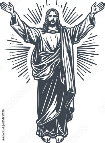 Engraved Illustration of Jesus Christ with Open Arms and Rays of Light
