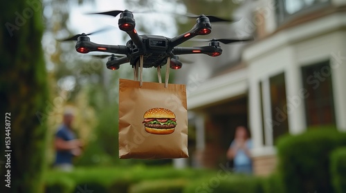 A drone delivers a burger in a takeout bag, showcasing the future of food delivery.