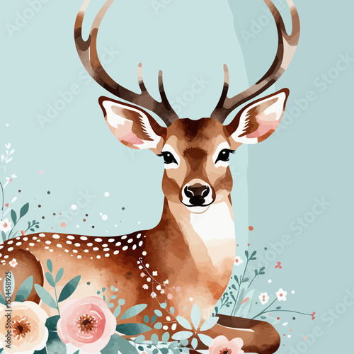 Watercolor Deer Illustration-Cute Fawn Portrait with Flowers-Elegant Animal Art-Woodland Creature Design-Pastel Background-Nature Inspired Artwork