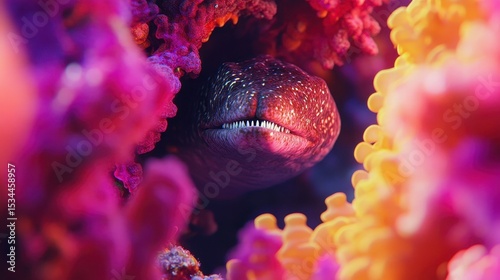 Moray eel's head peeking from vibrant coral reef.
