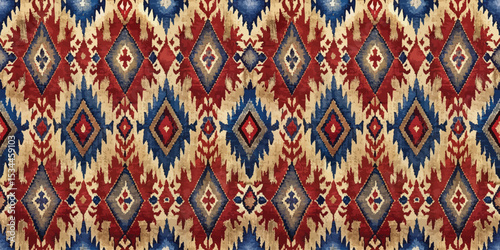 Vibrant geometric textile pattern in rich reds, blues, and creams.