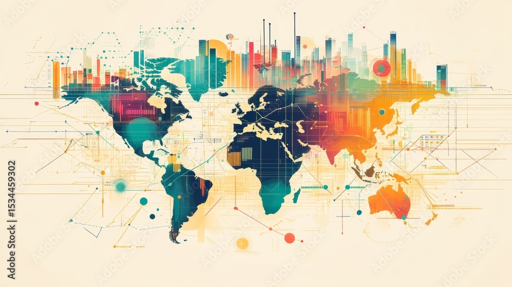 Fototapeta premium World Map Illustration Featuring Vibrant Colors and Modern Design Elements Depicting Global Connectivity and Data Flow