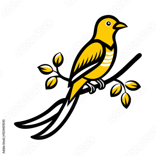Vibrant Yellow Bird Perched on Branch Illustration