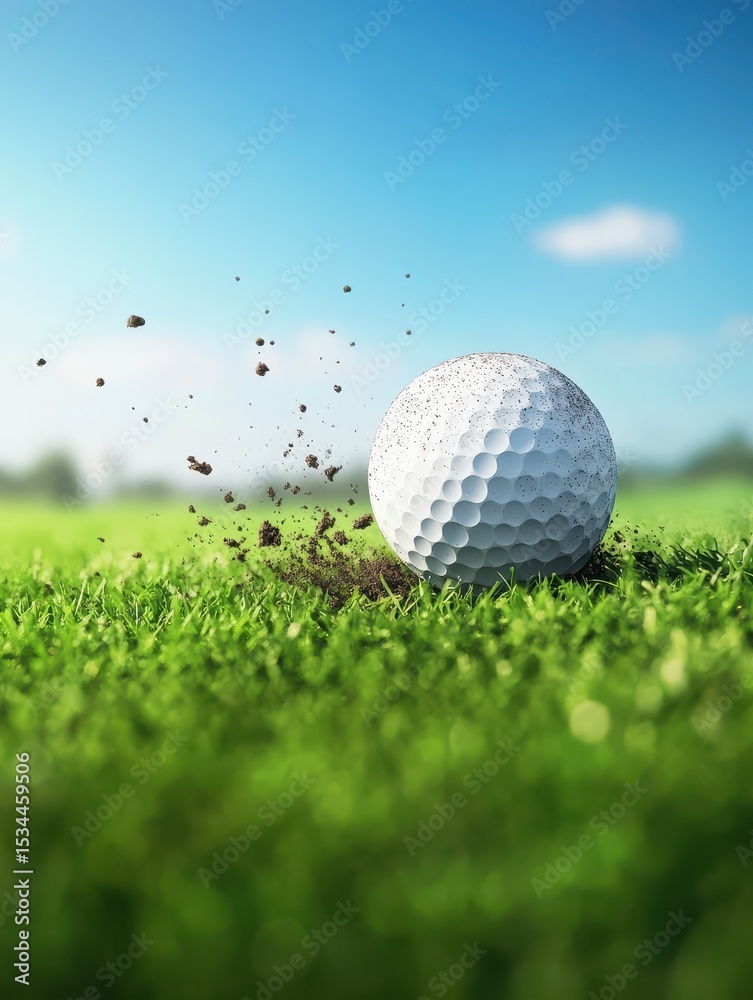 Obraz premium Golf ball bouncing on green grass with dirt spray.