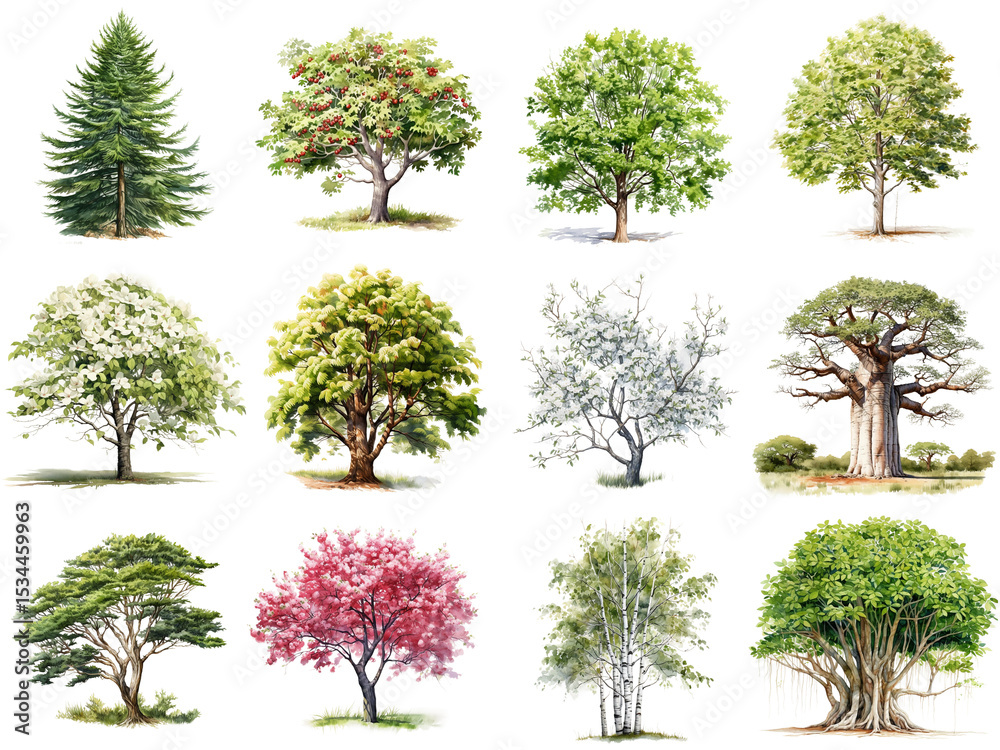 Fototapeta premium Collection of twelve diverse realistic trees, including conifer, baobab, birch, and blooming species.