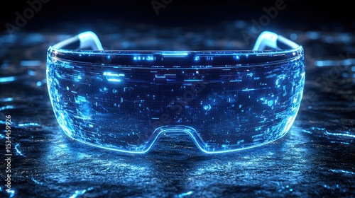 Futuristic VR glasses with glowing blue digital data overlay