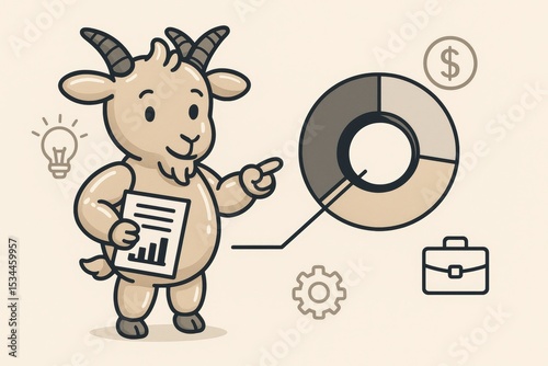 A friendly cartoon goat, holding a document, points towards a pie chart with various business icons like a dollar sign, lightbulb, gear, and briefcase, symbolizing financial planning, ideas, and busin
