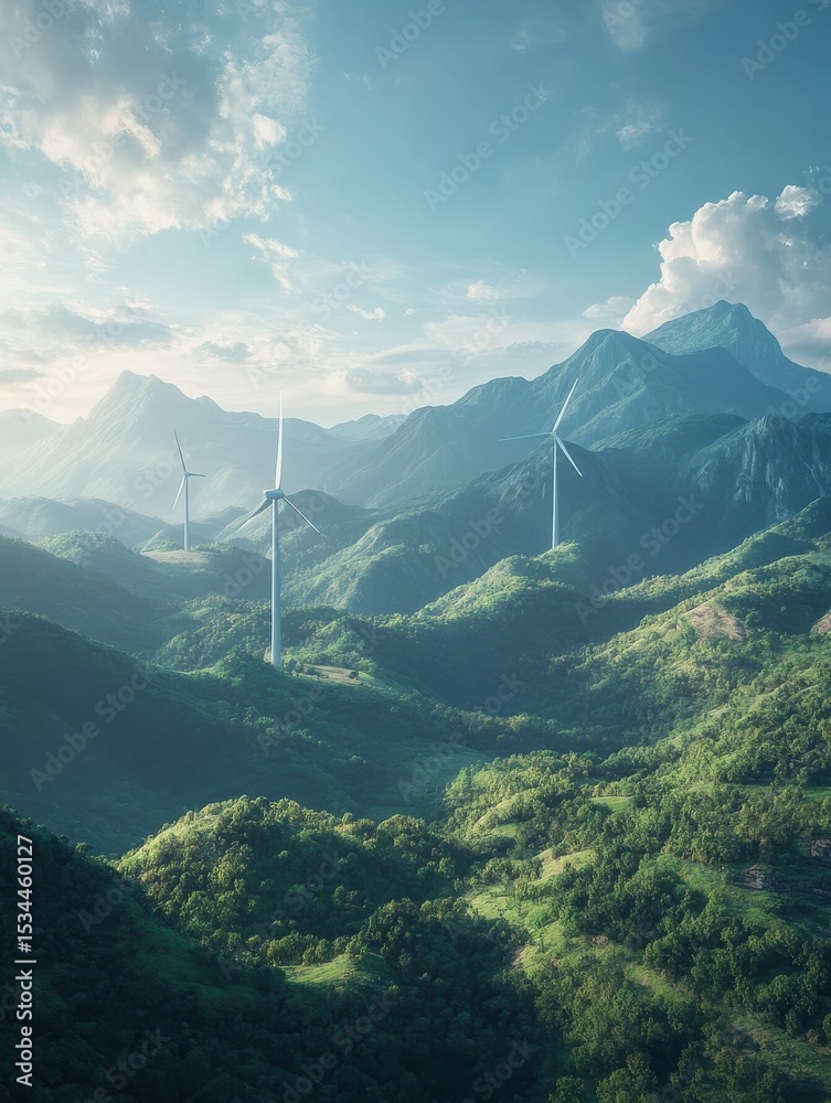 Obraz premium Harnessing wind and solar energy amidst scenic mountains