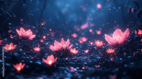 Glowing pink flowers in a dark, magical forest.  Soft light